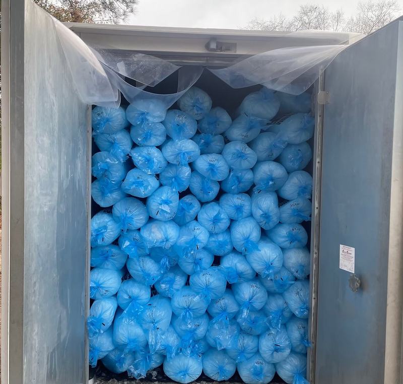 2 Cams Ice storage trailer packed with bags of ice behind a strip curtain