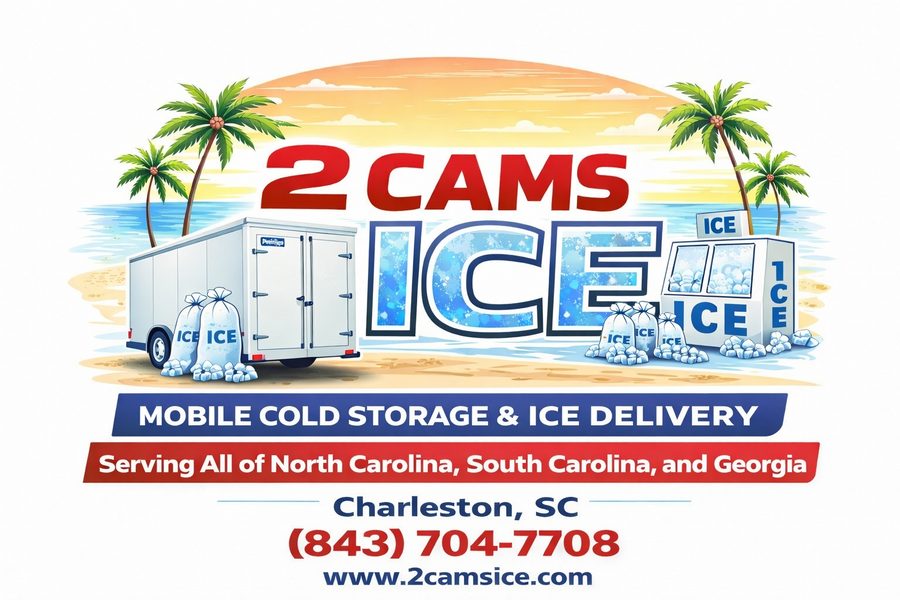 2 Cams Ice South Carolina logo with palm trees, (843) 704-7708